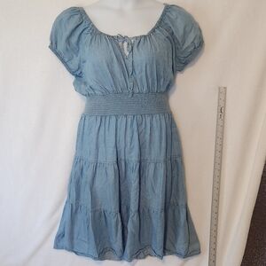 J Gee Tiered Lyocell Denim Peasant Midi Dress Smocked Waist Puff Sleeves Sz L-XL